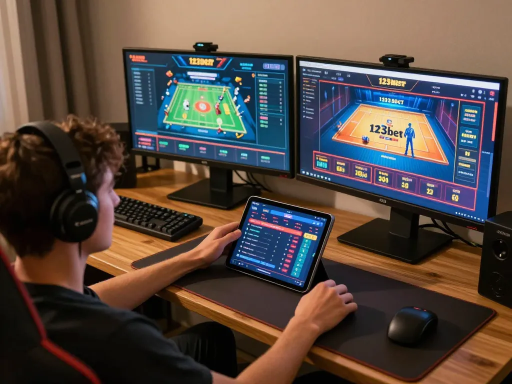 Player enjoying a thrilling game on 123bet interface with multiple screens displaying casino games.