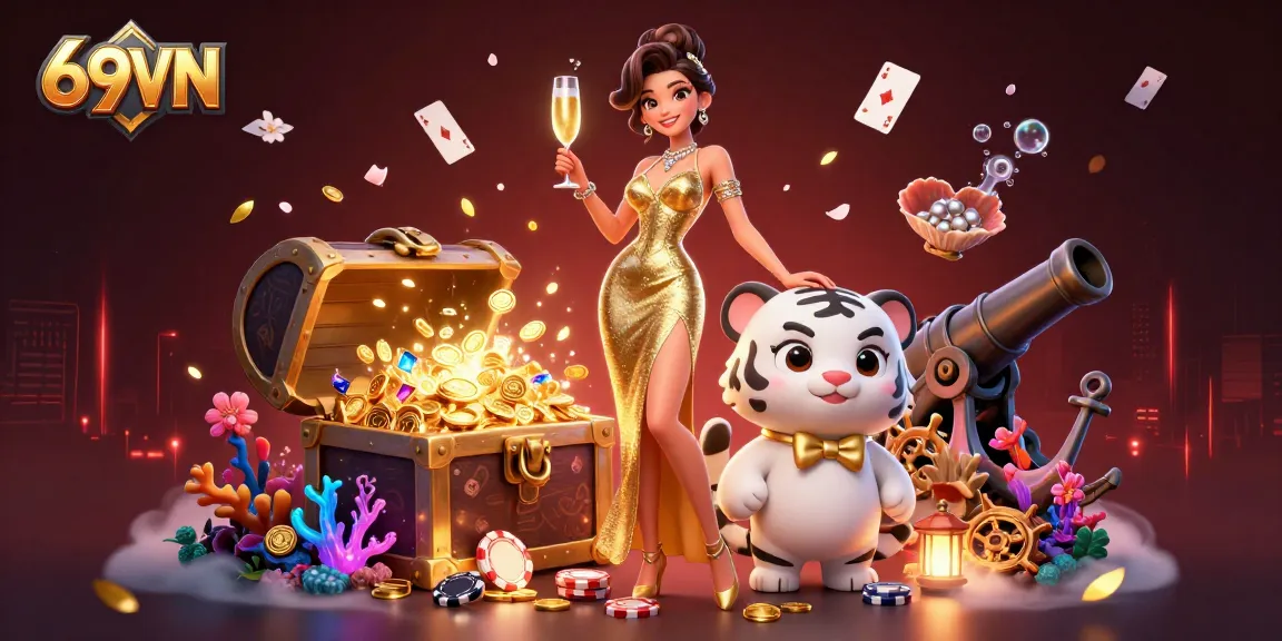 Win big at 69VN with exciting visuals of casino gameplay, featuring a glamorous woman and a lucky tiger cub.