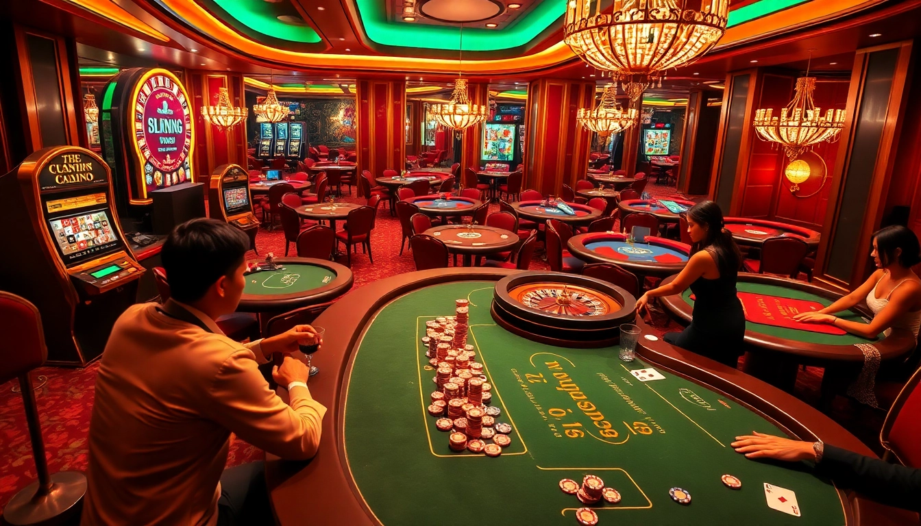 Experience excitement at a luxurious casino scene with subnhanh-themed poker gameplay and vibrant slot machines.