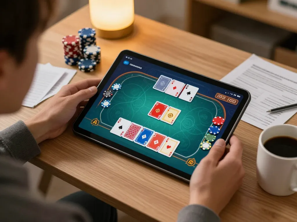 Engage in online poker at https://phpvip9.com.ph/ with colorful cards and chips in a cozy home setup.