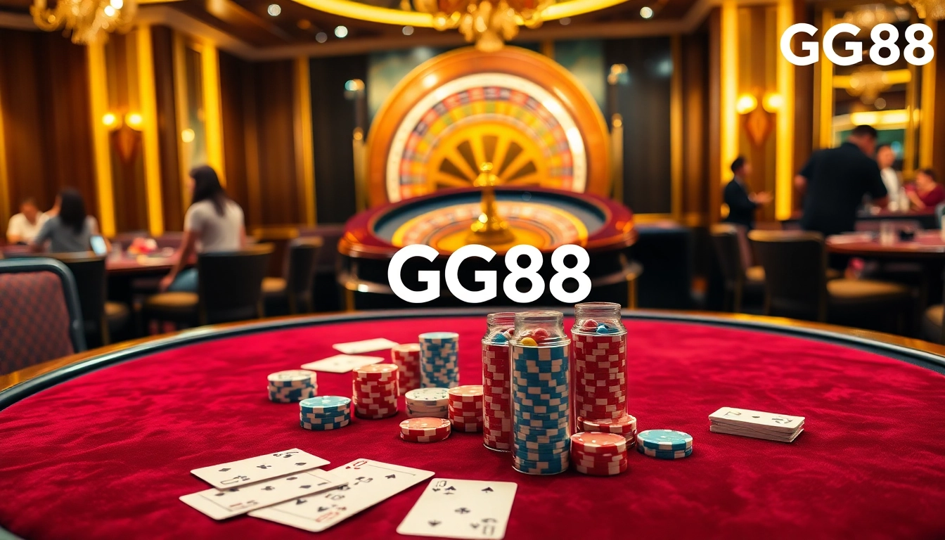 GG88 poker chips and cards present a high-stakes casino experience with luxurious ambiance.