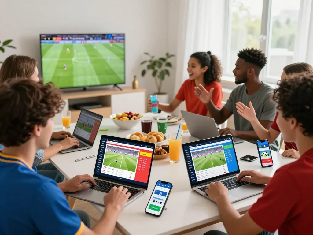 Fans interacting with 7m live soccer scores and match updates in a vibrant sports setting.