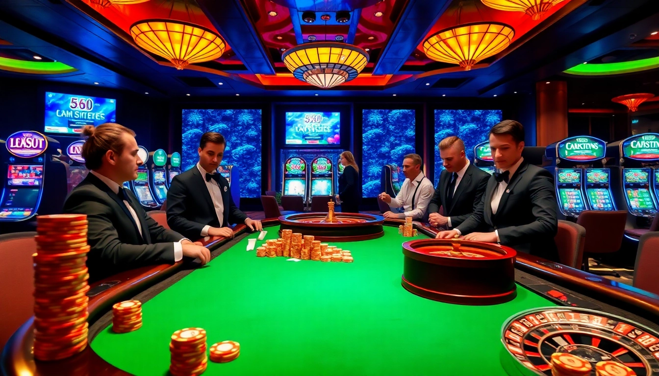 Experience thrilling gameplay at KP88 link with a vibrant casino atmosphere featuring poker tables and slot machines.
