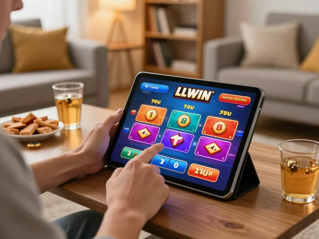 Engaging with LLWIN online casino gaming on a tablet in a cozy living room.