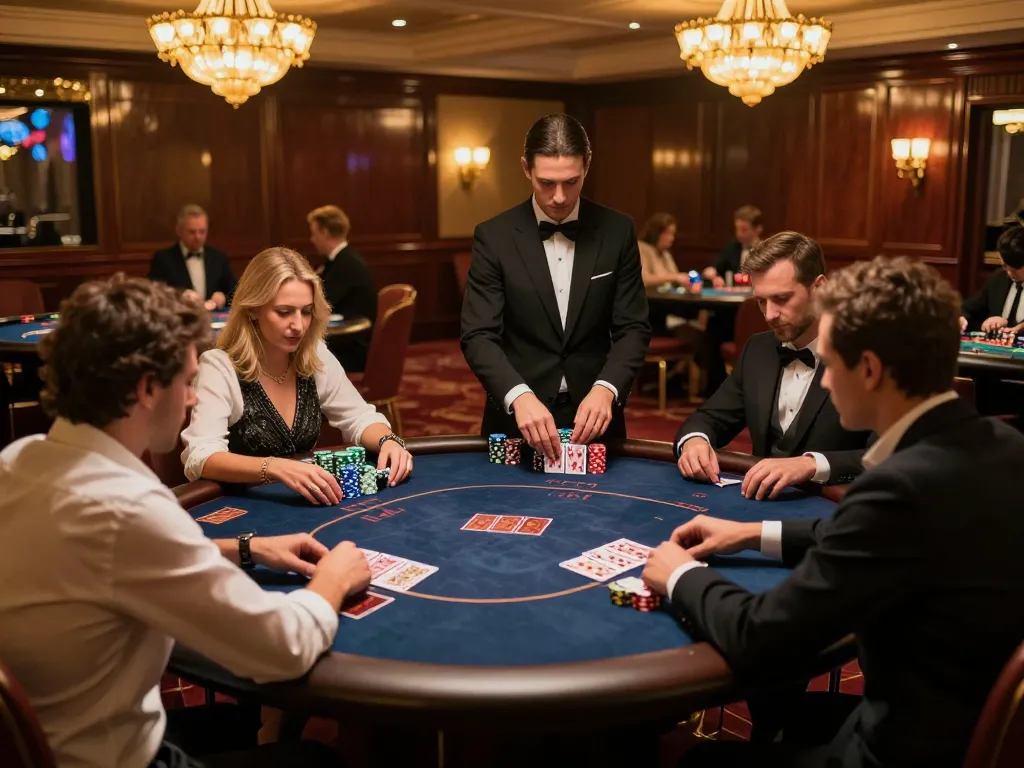Engaging scene illustrating giải mã số học strategies at a poker table in a luxury casino setting.