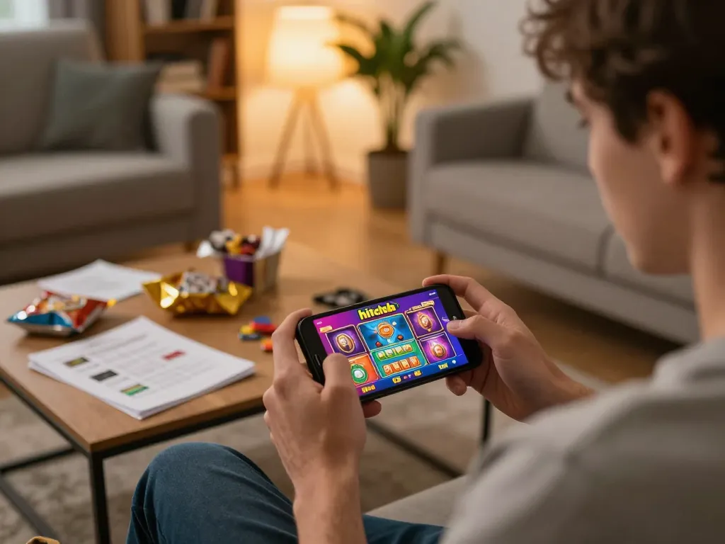 Player engaged in online hitclub gaming on smartphone during cozy home session
