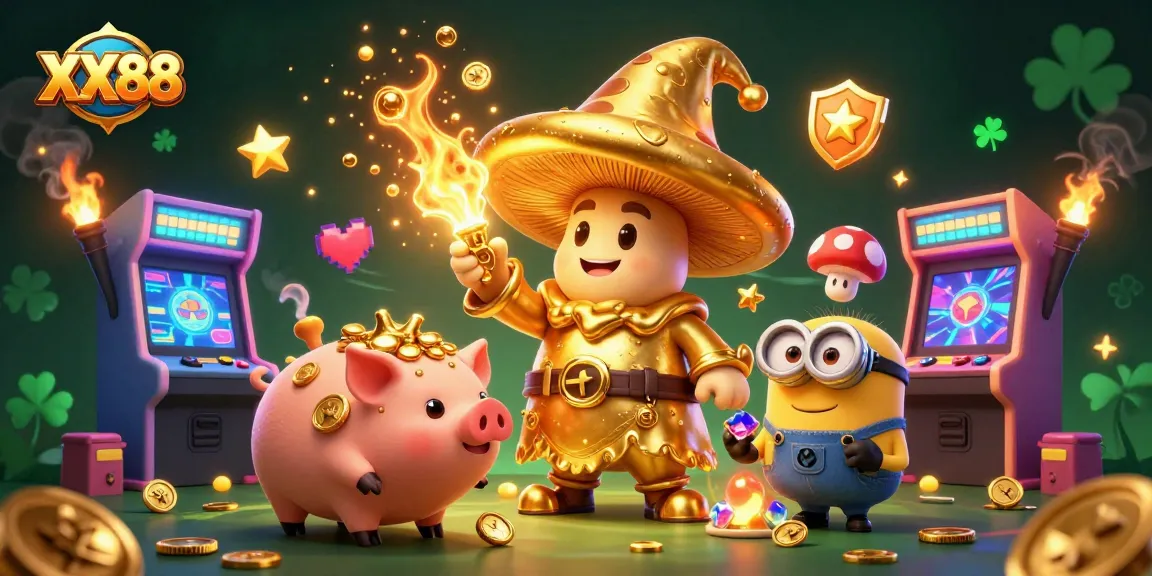 Experience thrilling gameplay at XX88 with a vibrant scene of a golden mushroom wizard and treasures around arcade machines.