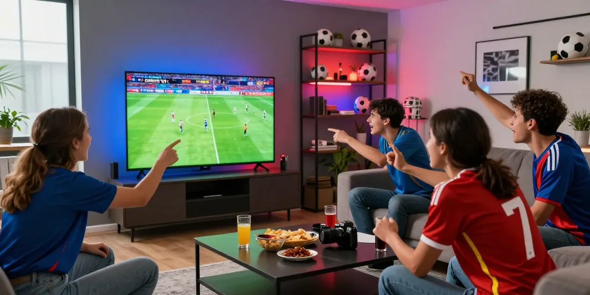 CakhiaTV viewers enjoying a live soccer match in a vibrant living room, showcasing excitement and camaraderie