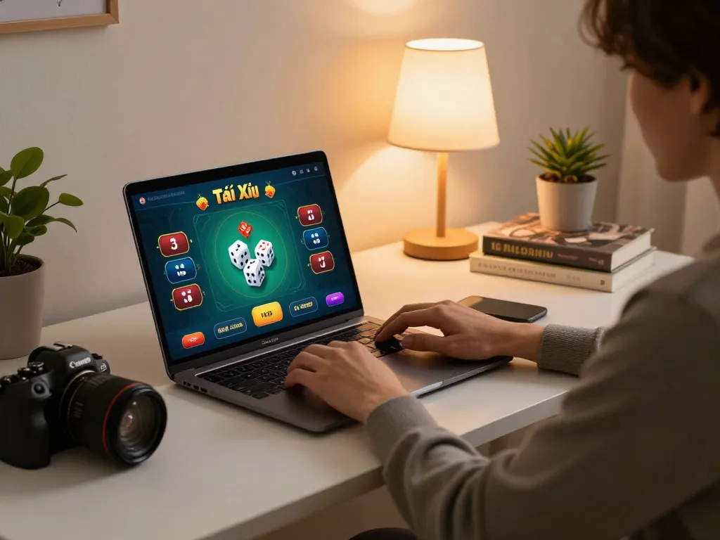 Engaging in app tài xỉu online on a laptop in a cozy home environment for responsible gaming.