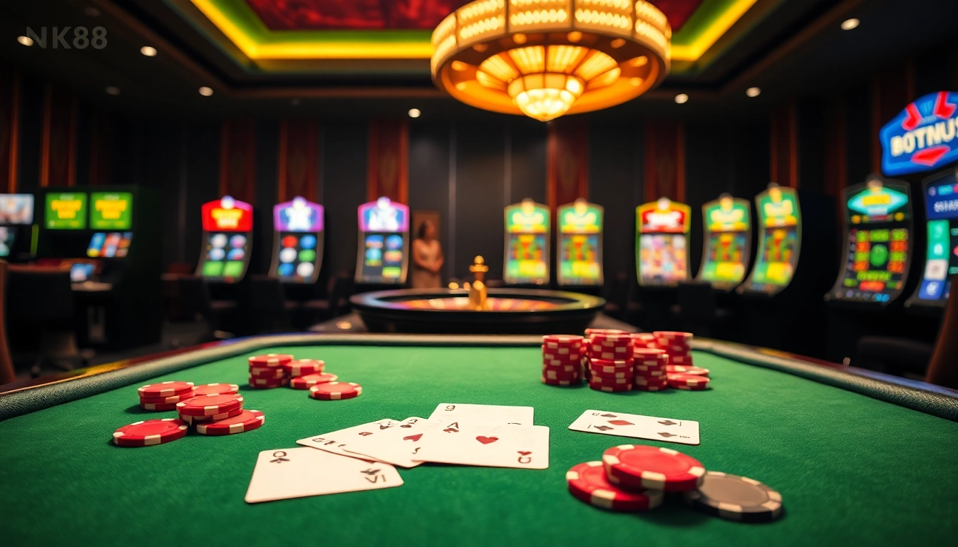 An engaging casino scene depicting a thrilling moment at a poker table, enhanced with visuals from https://nk88.boo/ showcasing vibrant gaming elements.