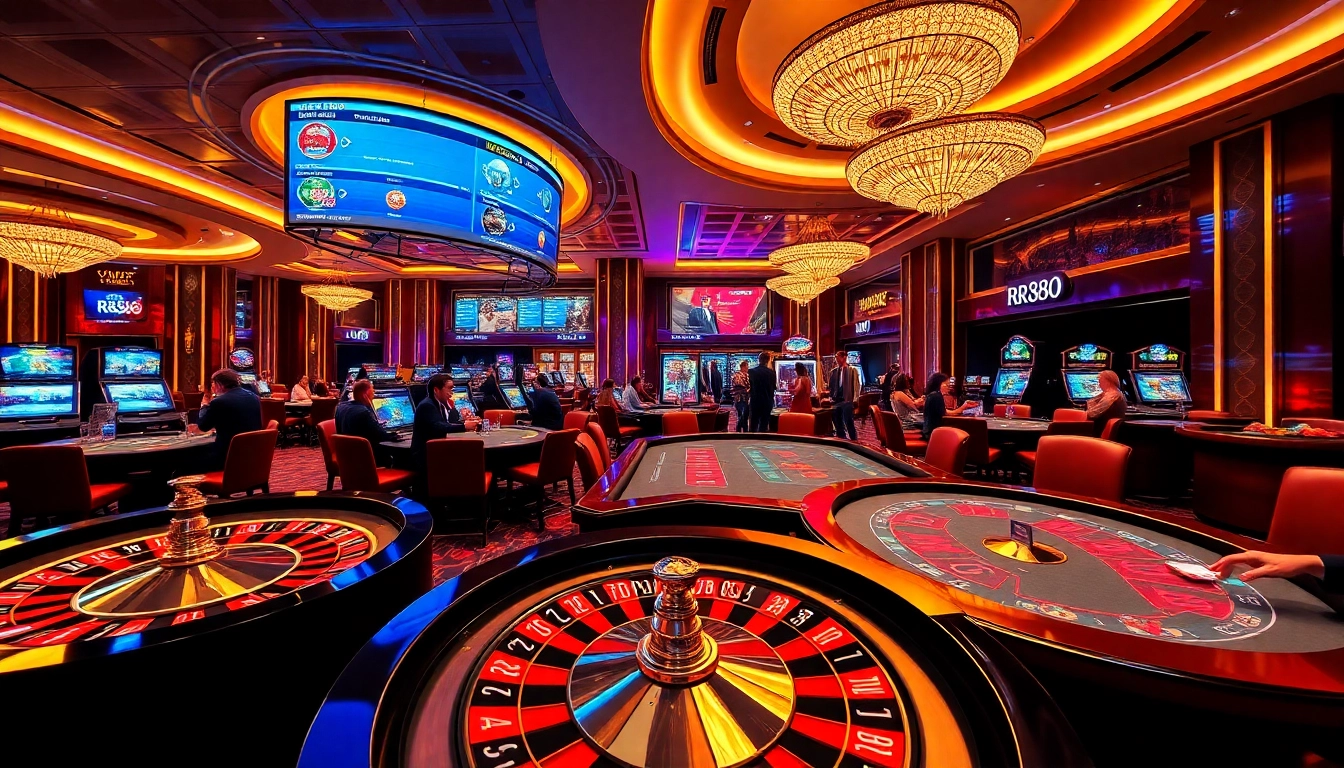 Experience the excitement of RR88 game with players at a vibrant casino table filled with colorful chips and cards.