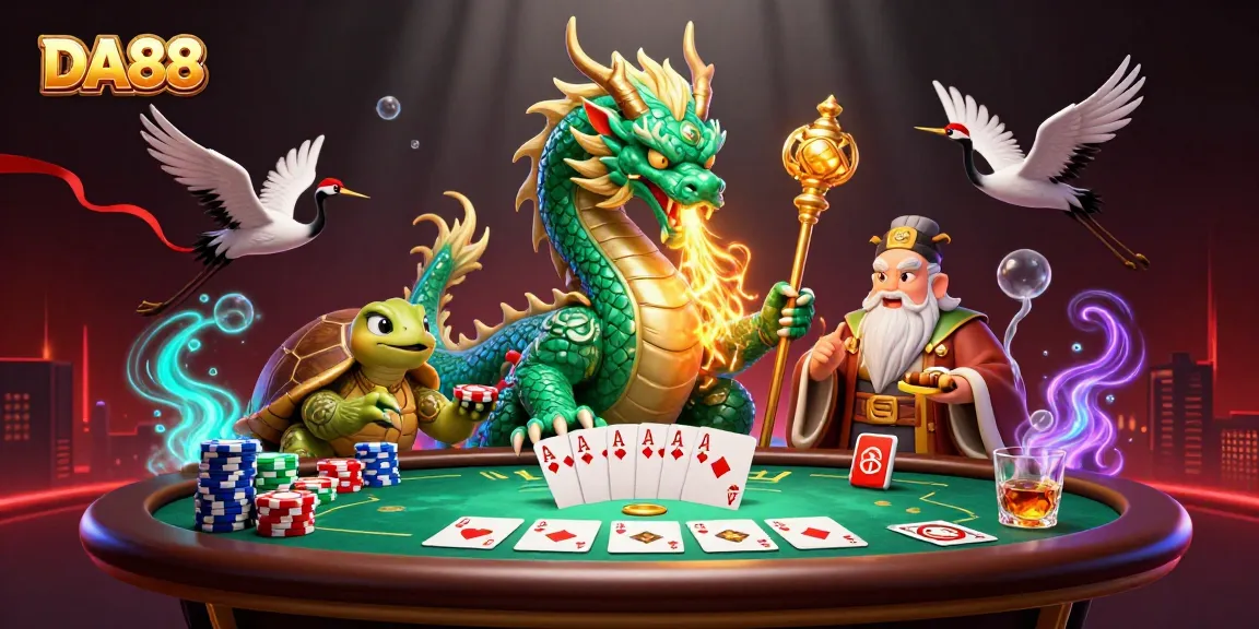 Experience thrilling gameplay with DA88 as a jade dragon breathes fire amidst poker excitement.