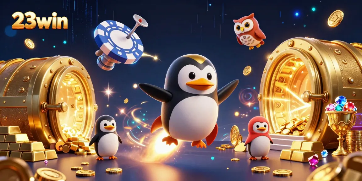 Win big at 23win with an exciting illustration of a golden penguin and casino treasures.