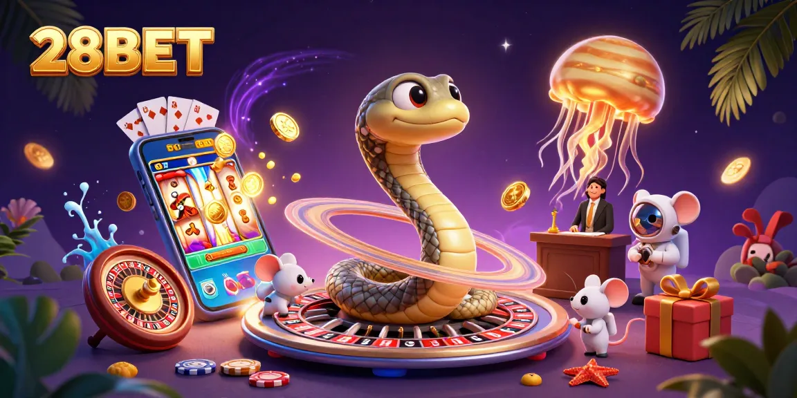 Experience thrilling gambling with 28BET in a lively casino scene filled with cosmic elements.