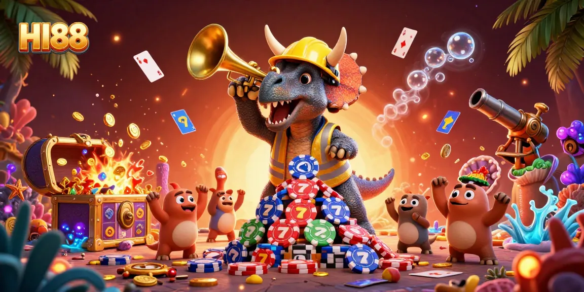 Cheerful scene showcasing HI88 with dinosaurs celebrating around vibrant slot game elements and treasure.