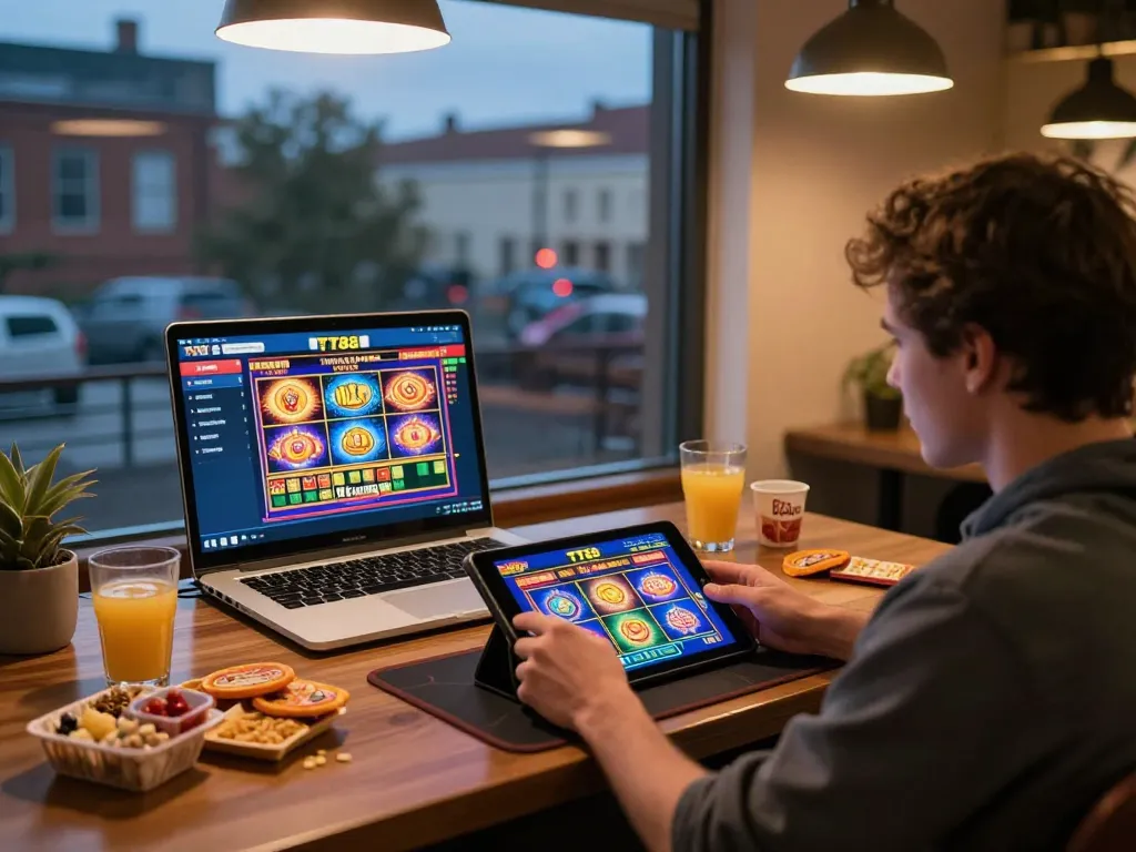 Enjoying TT88 slots on tablet in a stylish gaming setup with warm ambiance.