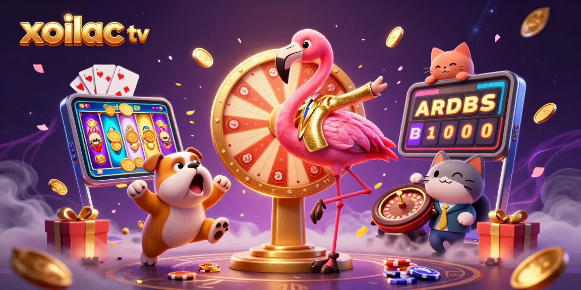 Xoilac TV offers thrilling gameplay as a flamingo host spins the prize wheel surrounded by energetic elements.