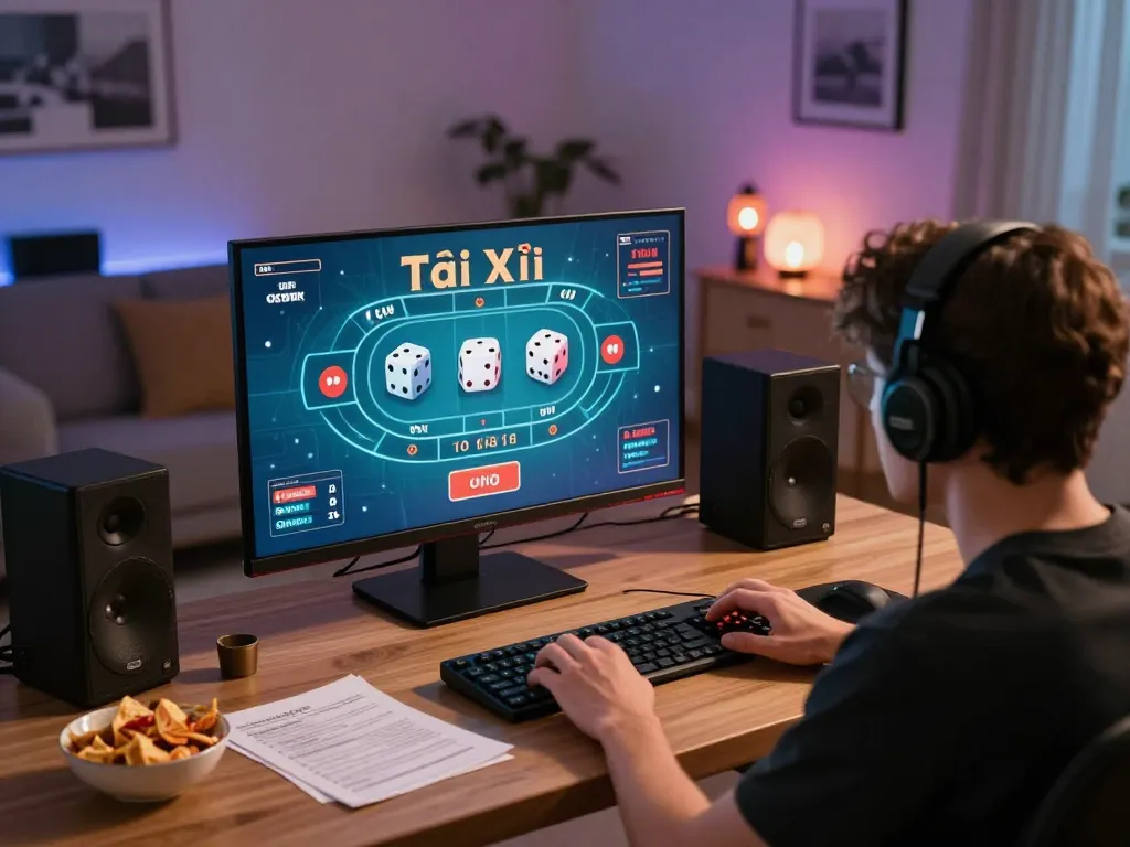Tài Xỉu online gameplay with player focused on screen displaying dice outcomes and strategy notes