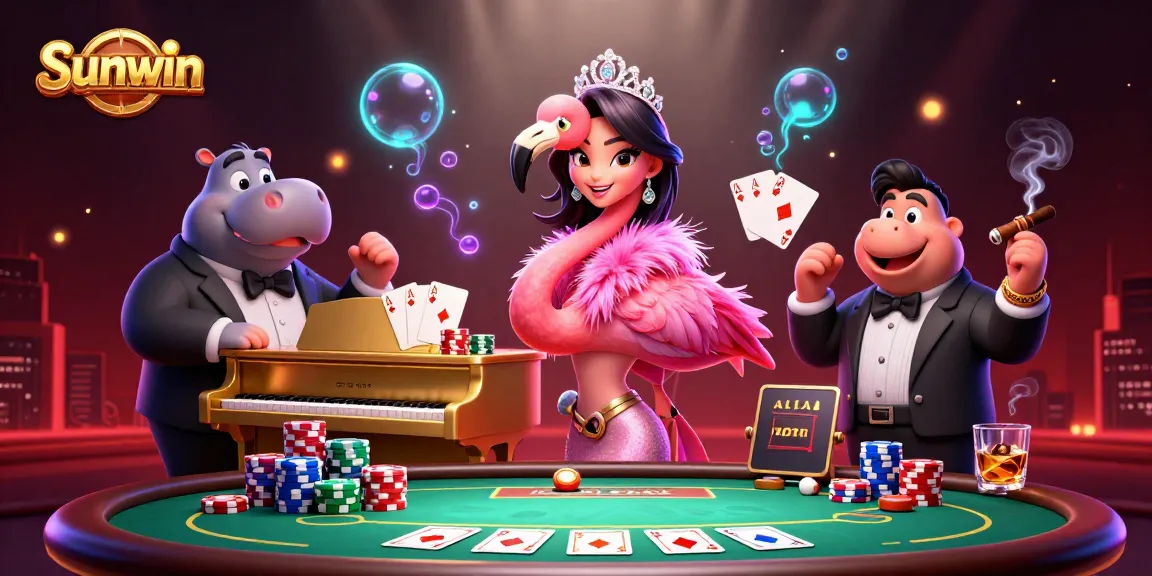 Sunwin brings excitement with a flamboyant flamingo singer and stylish hippo bassist at a vibrant casino scene.