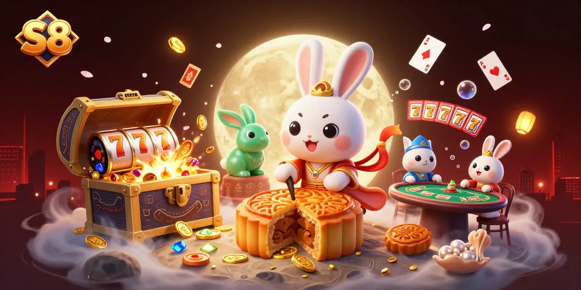 Engage with S8's thrilling casino experience, where a moon rabbit reveals poker chips inside golden mooncakes.