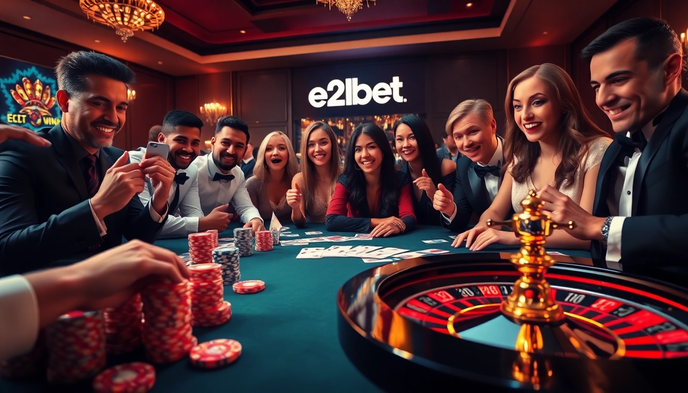 e2bet players engaging passionately at a lively casino table with poker chips and cards.