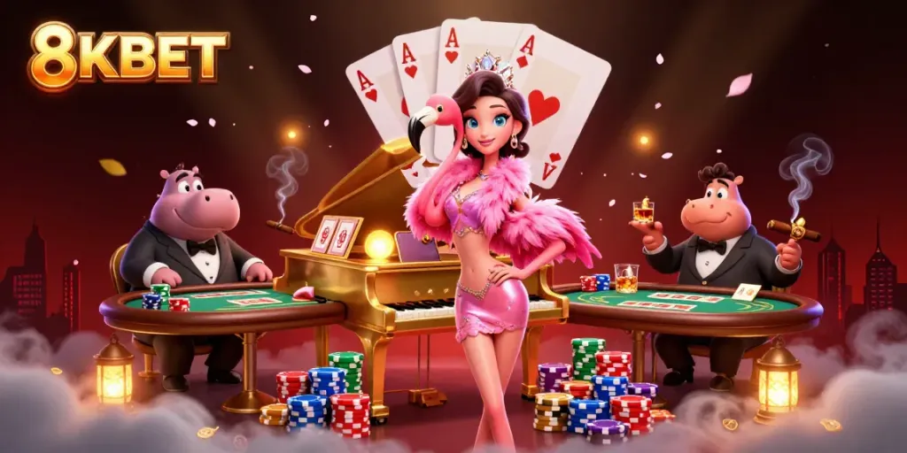 Trải nghiệm không khí sòng bạc tại 8KBET với biểu diễn của ca sĩ flamingo và những yếu tố cá cược đầy màu sắc.