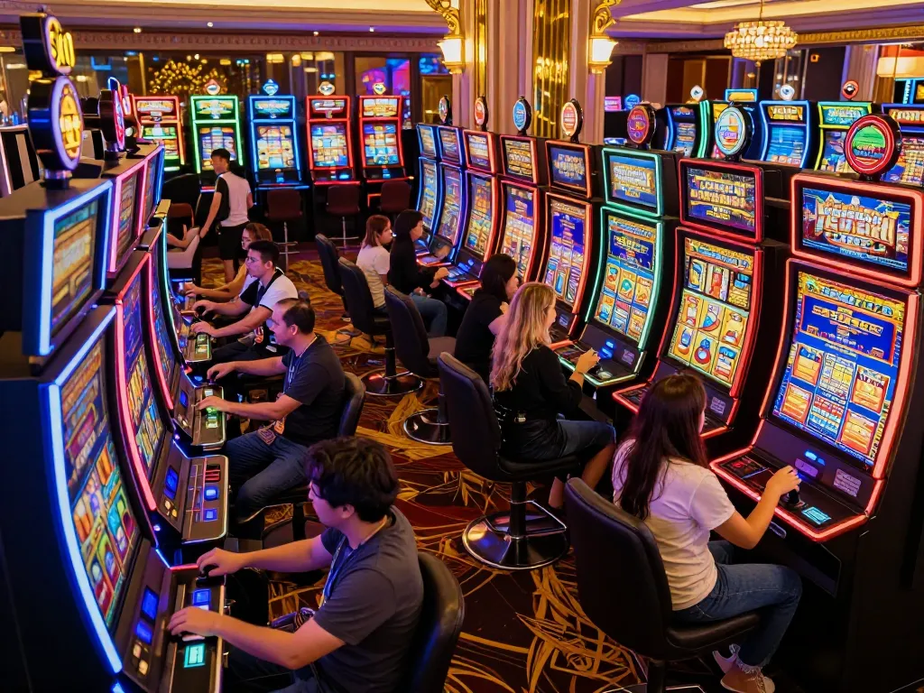 Engaging scene from Slot Malaysia gaming area with players at colorful slot machines.