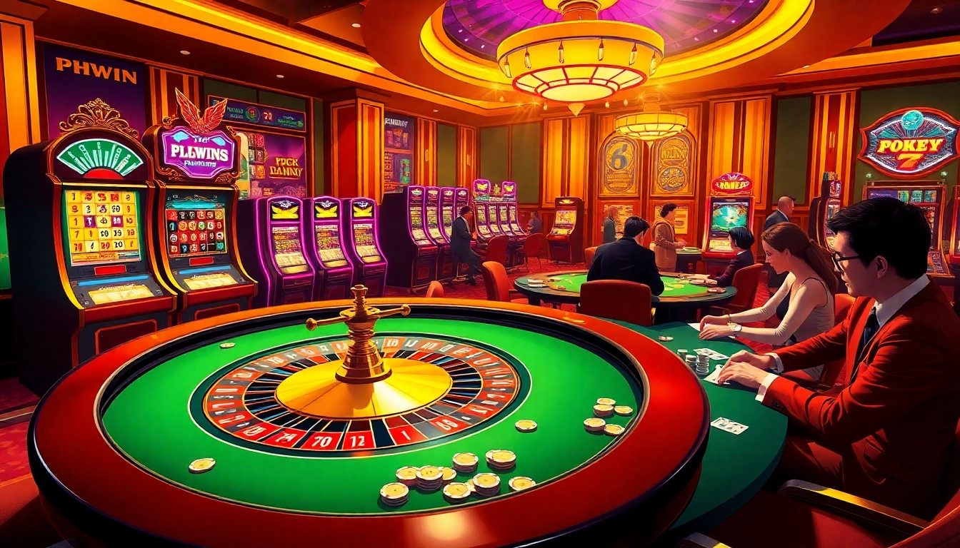 Players enjoying an exciting game at PHWIN's vibrant online casino with roulette and poker.