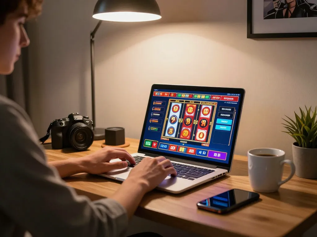 Person playing slot games on laptop at home, showcasing engaging online gambling experience with 888b.