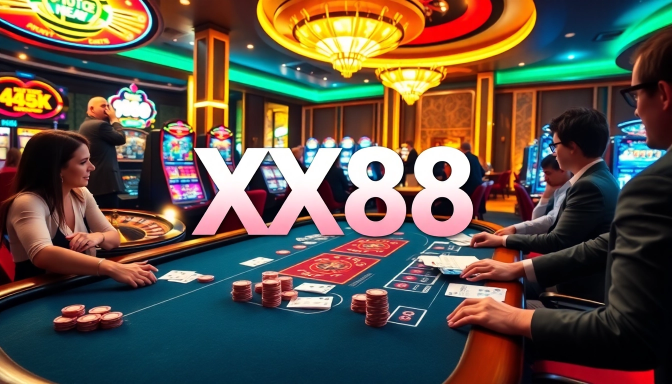 Win big at XX88 casino with a lively gaming atmosphere featuring poker tables and roulette wheels.