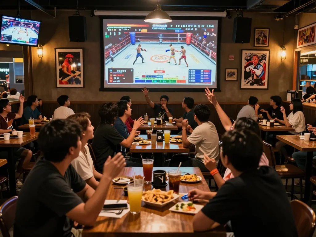 Fans eagerly watching Đá gà thomo live, enjoying drinks and placing bets in a vibrant sports bar atmosphere.