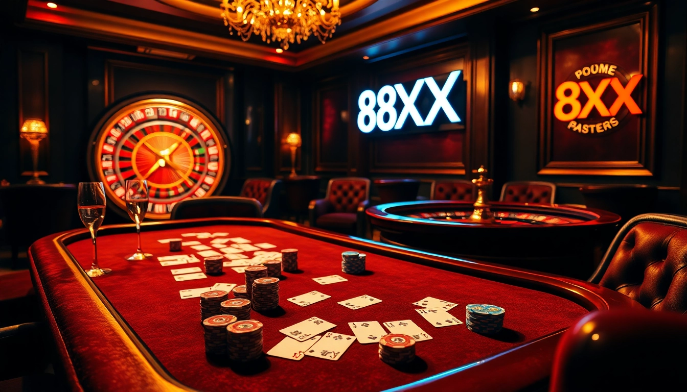 High-stakes poker action at a casino table featuring 8XX betting chips and luxurious ambiance