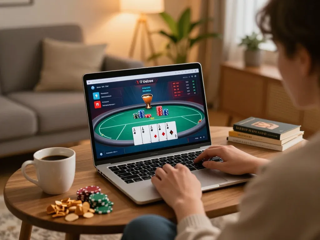 Engaging in online poker using a laptop at home, showcasing gaming strategy and responsible gameplay with dn88.