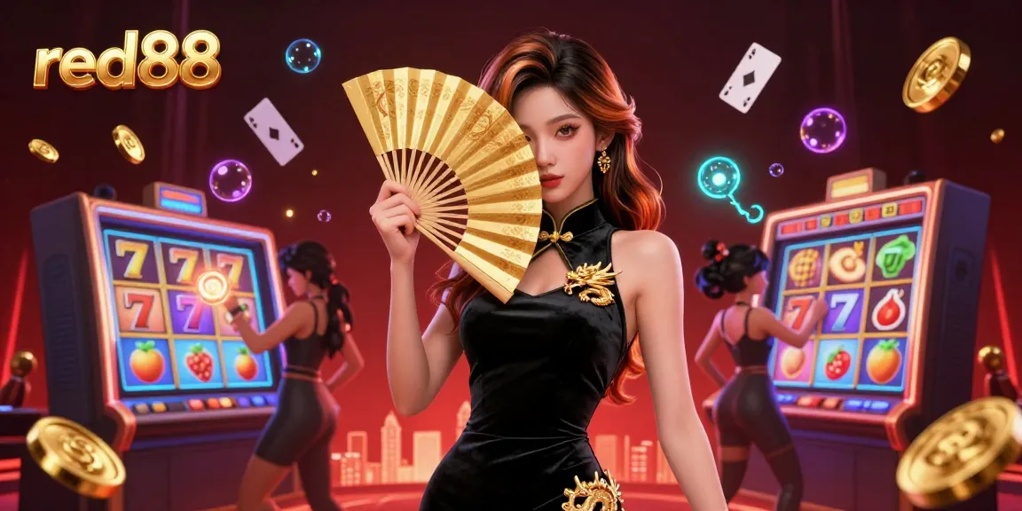 Experience exciting games at red88 casino, featuring sleek slot reels, floating cards, and captivating atmosphere.