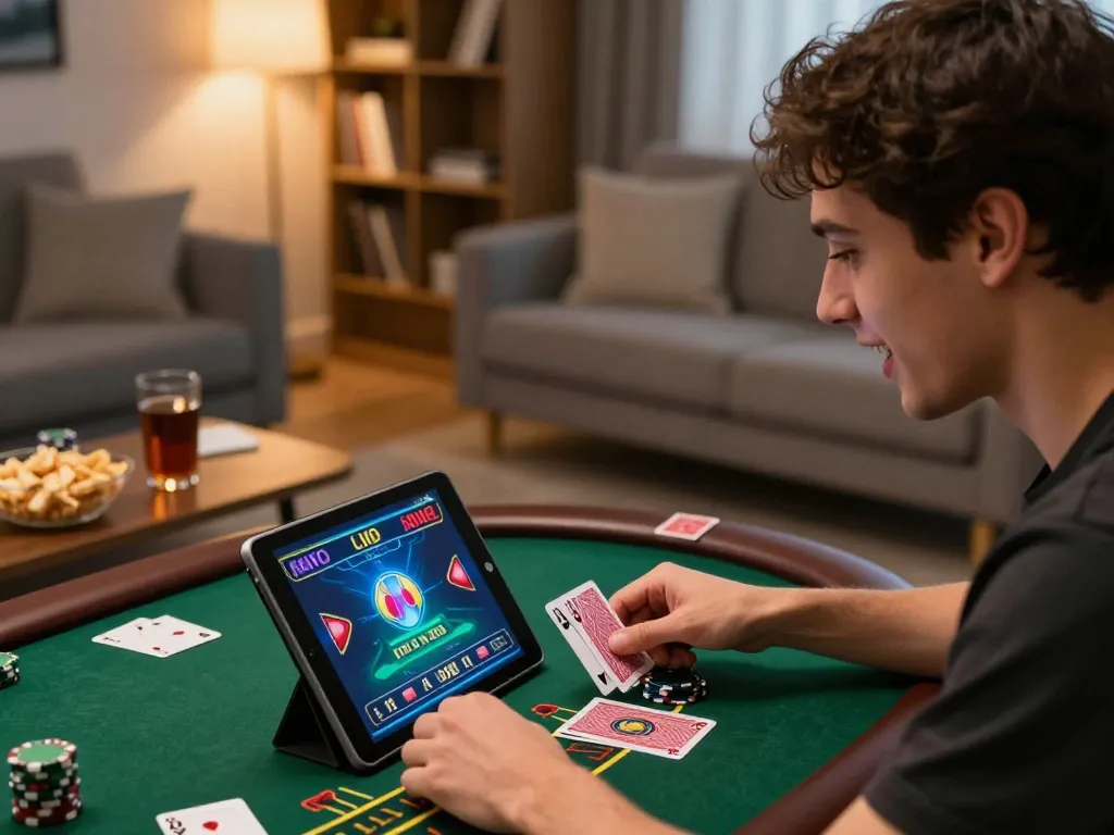 Player enjoying Nhà cái Win678's live dealer blackjack on a tablet in a cozy home setting.