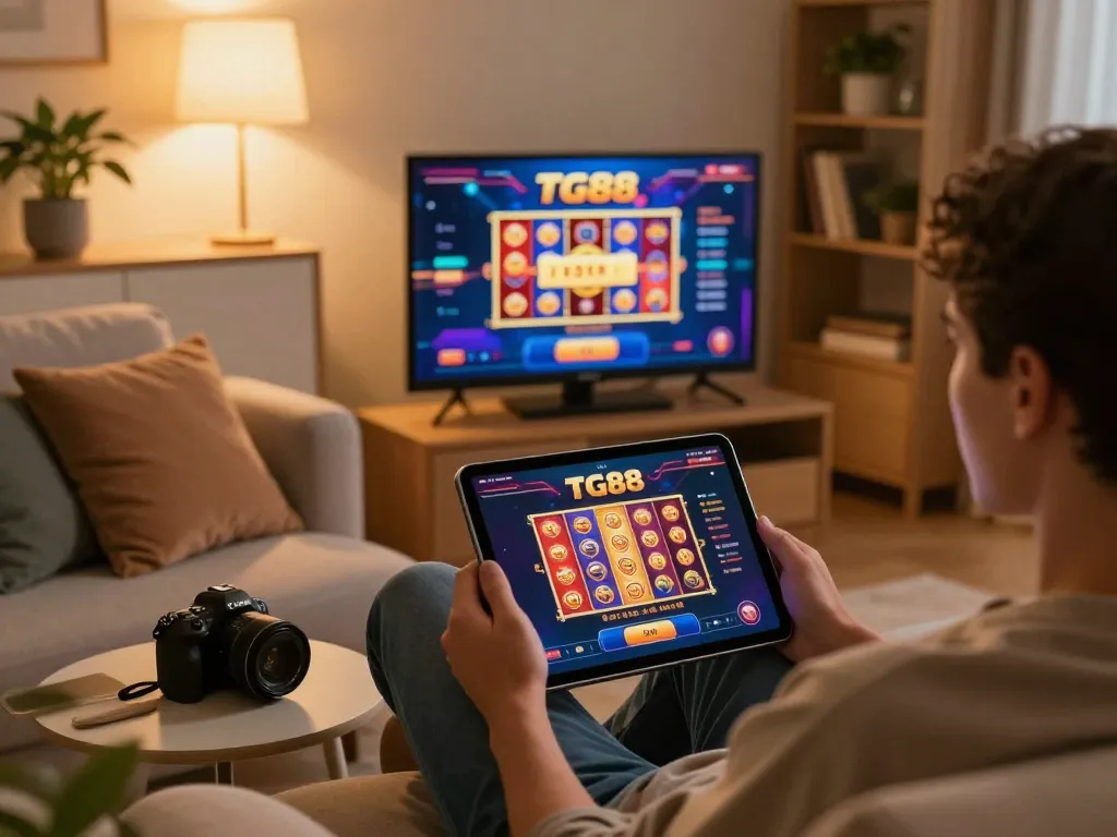 Player engaging with the TG88 online casino app on a tablet, showcasing an exciting gaming experience.