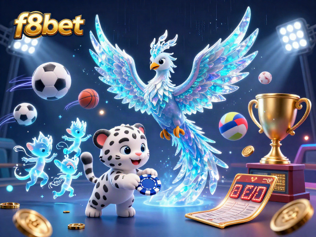 Bet on f8bet with a vibrant 3D illustration showcasing sports elements, including a phoenix and sports balls.