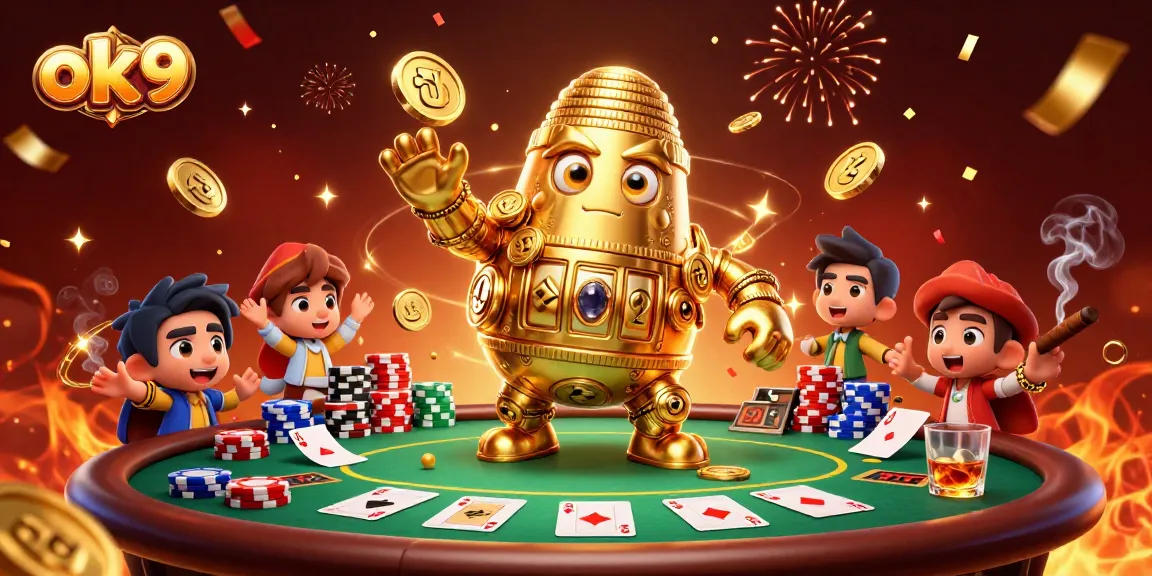 Win big with ok9's 3D casino experience featuring a golden golem and poker elements.