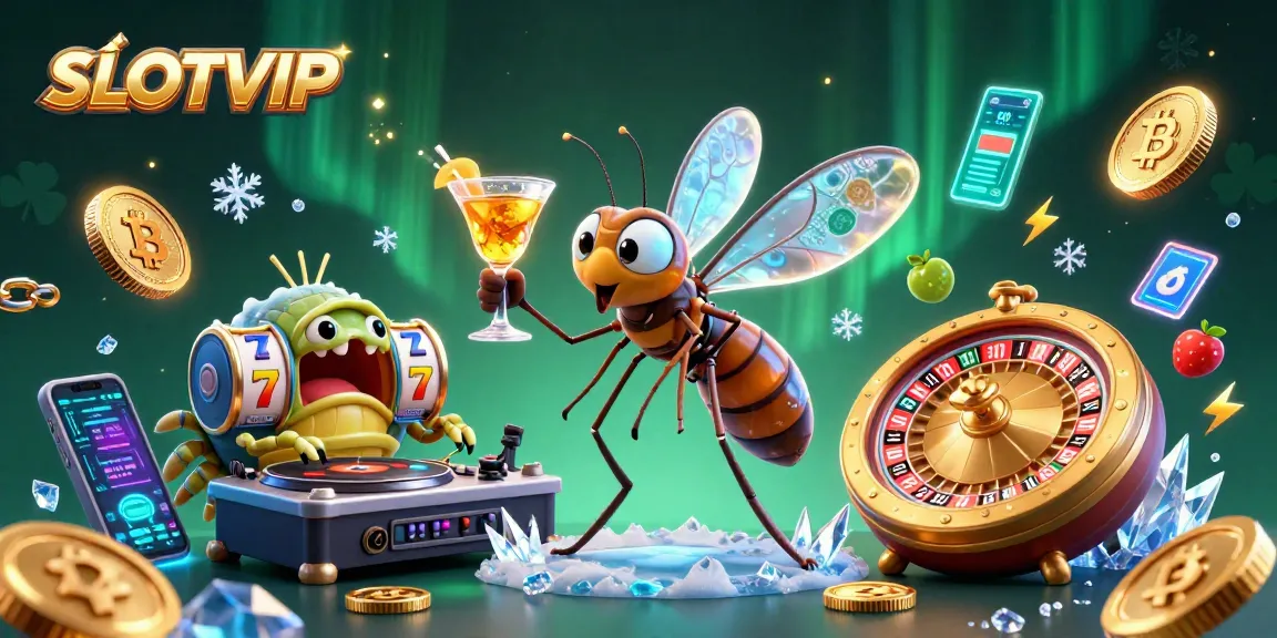 SLOTVIP brings excitement as a casino mascot and DJ spin animated coins and excitement in a vibrant scene.