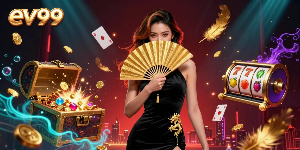 Experience the thrill of ev99 with vibrant slot reels and gold coins in an engaging casino scene.