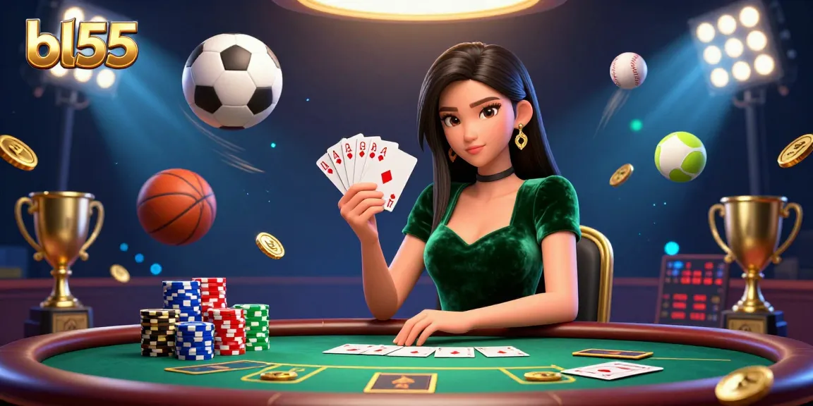 Experience thrilling poker action at bl55 with a stunning Asian dealer and dynamic sports elements.
