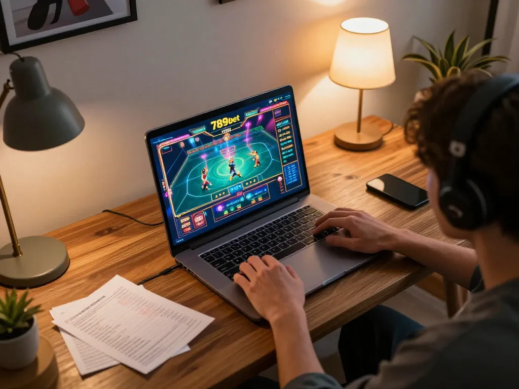 Engaged player experiencing dynamic gaming action on 789bet website in a cozy home setup.