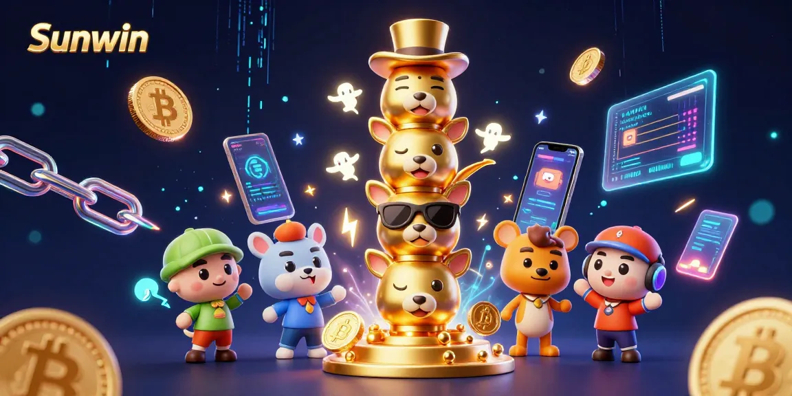 Experience vibrant gaming at Sunwin, featuring lively characters and crypto elements in a dynamic casino atmosphere.