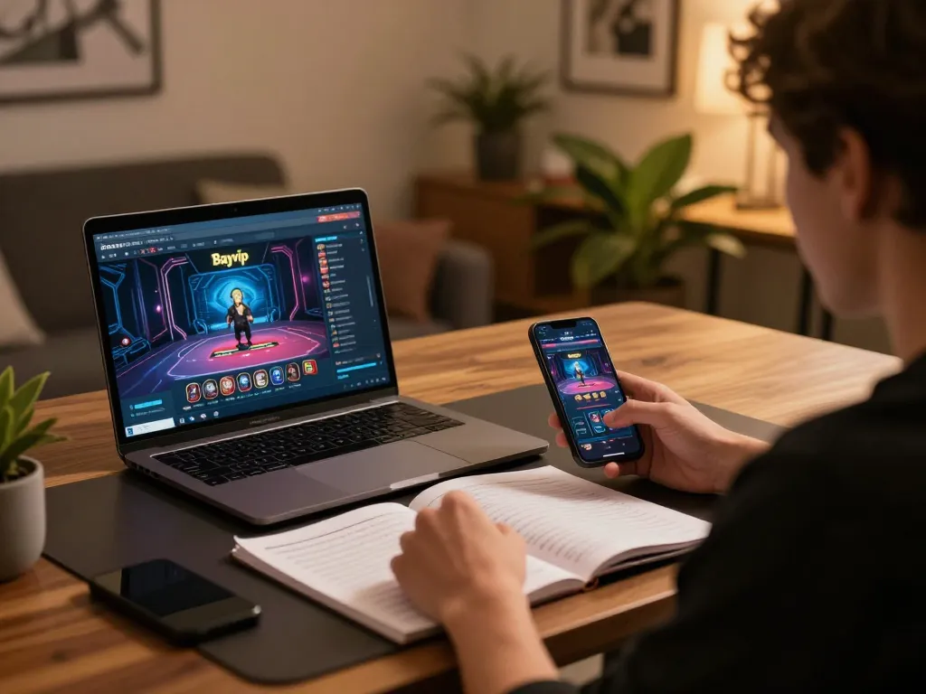 Engaging gameplay on Bayvip interface with a laptop and smartphone showcasing online gambling excitement.