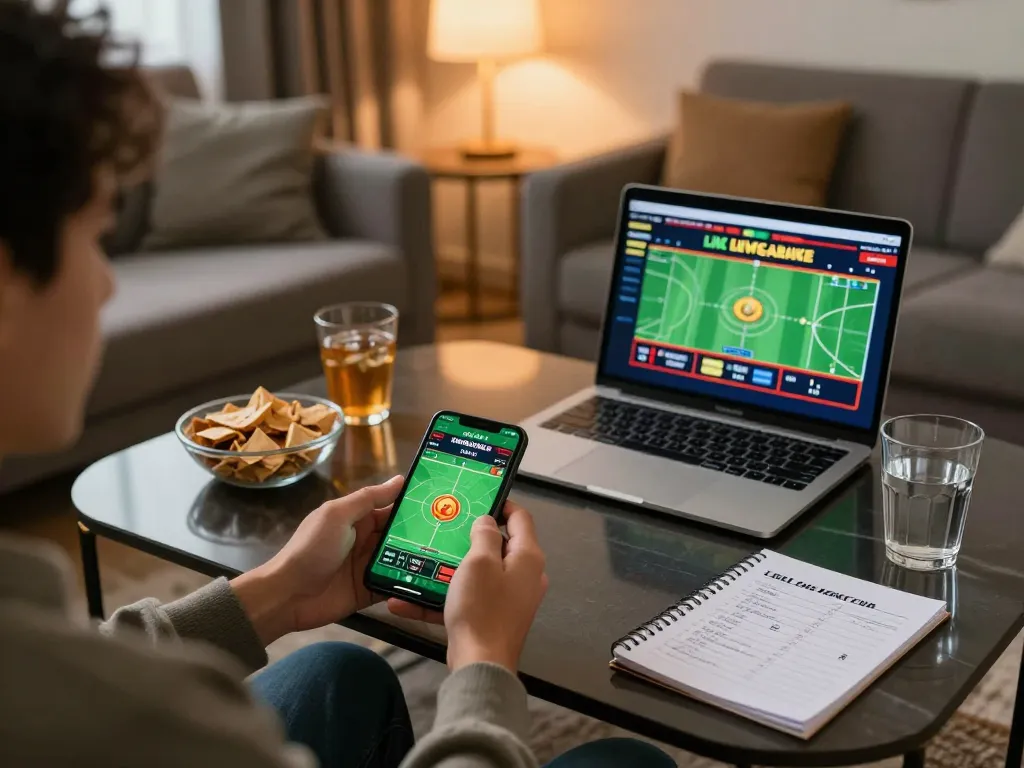 Engaging scene of online gambling with trang chủ 789win app on smartphone, cozy home setting.