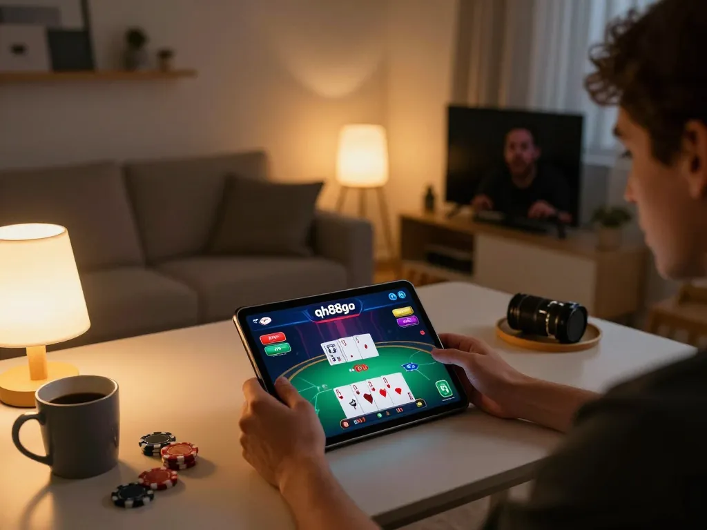 Player enjoying online gaming at qh88go with vibrant poker interface in a cozy home