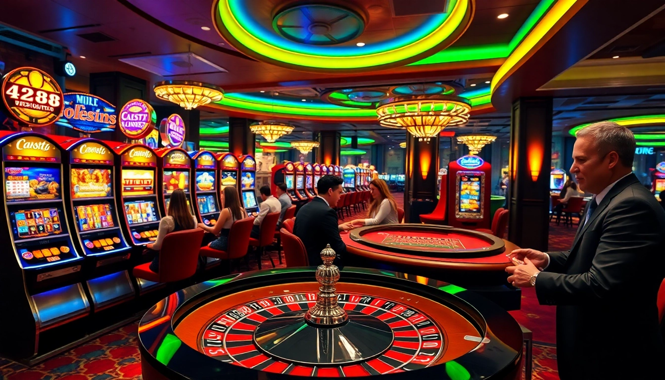 Experience luxurious gaming moments at HZ88 with vibrant slot machines and an exciting baccarat table.