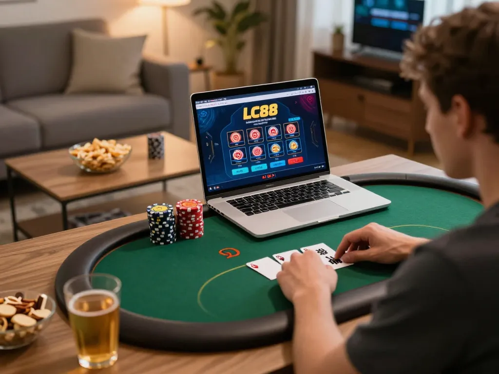Enjoying online casino gameplay at home through LC88 platform with snacks and drinks