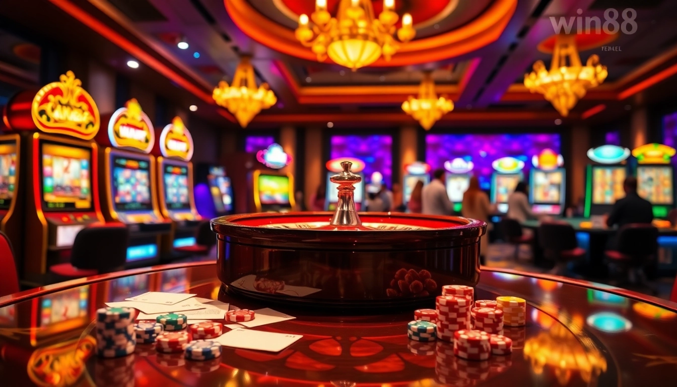 Enhance your gambling experience at win88 with engaging slot machines and vibrant poker chips.