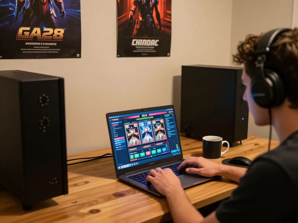 Player engaging with GA28 online slots on laptop in cozy home office.